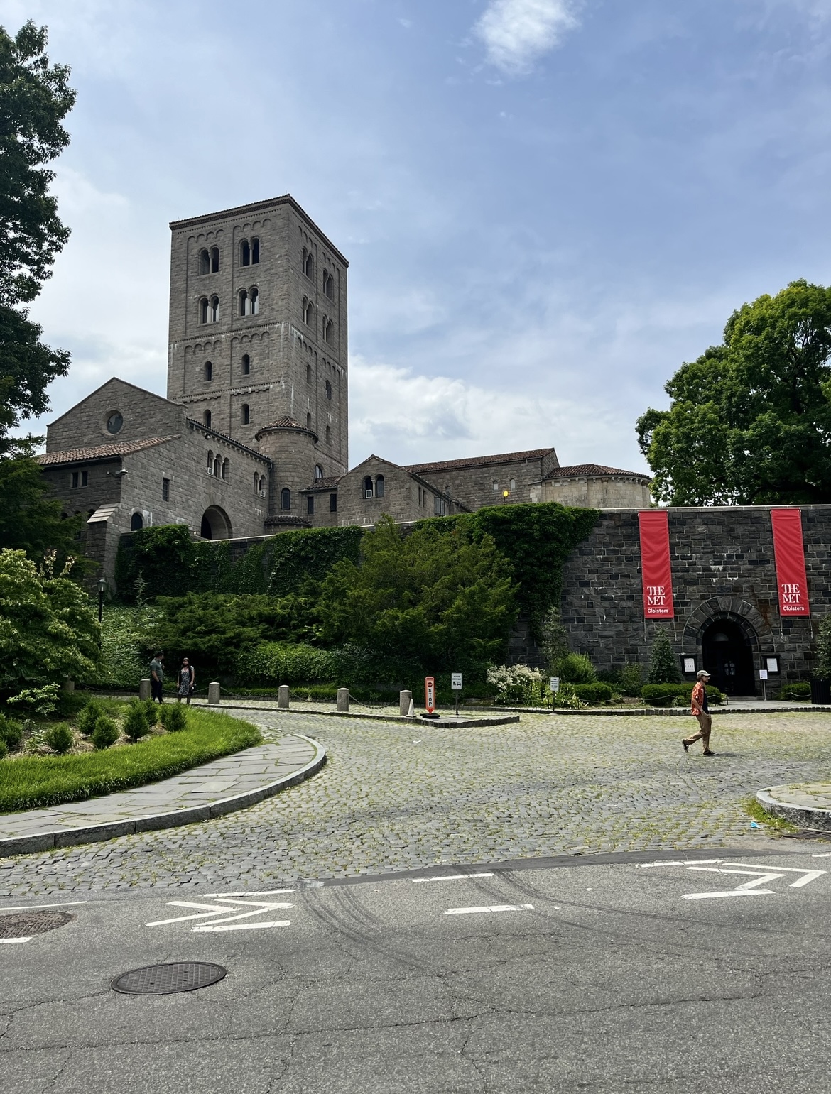 The Met Cloisters stone tower and entrance, photographed in May 2024.